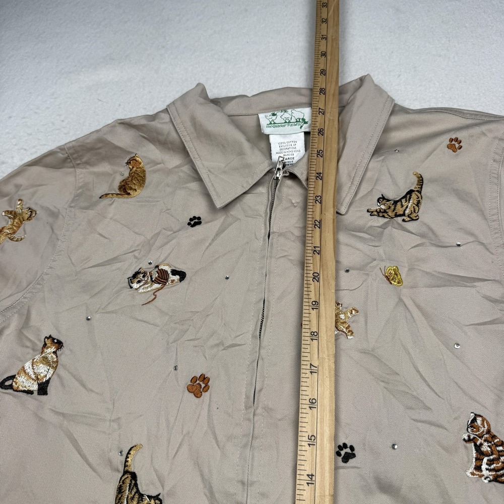 Quacker Factory Jacket Womens Large Beige Cat Embroidered Rhinestone Twill Zip - Picture 5 of 8